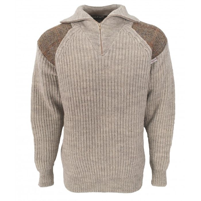 Crofter - Chunky quarter zip neck sweater with Harris Tweed patches